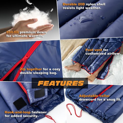 Yotruth Ultralight Down Sleeping Bag - 650 Fill Power, 27oz Compact Envelope Bag for Backpacking, Camping, Hiking - 35-50f, Lightweight & Compressible, Also Ideal As a Cape