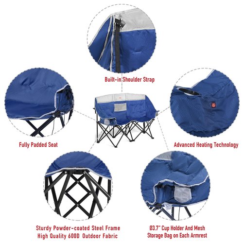 SUNNYFEEL Heated Double Camping Chair, Outdoor Portable Loveseat Chair, Heavy Duty Folding Lawn Chairs with Storage for Beach/Tailgate/Travel/Picnic, Foldable Duo Camp Chairs for Adults 2 People