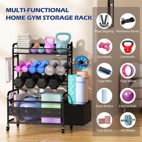 MESHDO Weight Rack for Dumbbells, Home Gym Storage for Dumbbells Yoga Mat Kettlebells and Balls, All in One Workout Equipment Storage with Wheels and Hooks