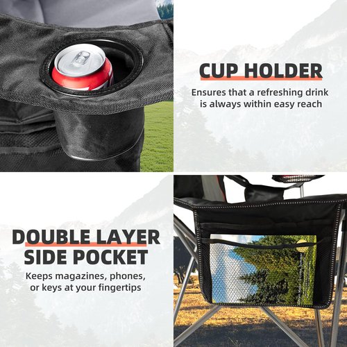 Tisetrail 2 Pack Folding Camping Chairs Set of 2 for Adults High Back Padded Lawn Chairs Portable Outdoor Camp Chairs, 400lbs Capacity, Black & Gray