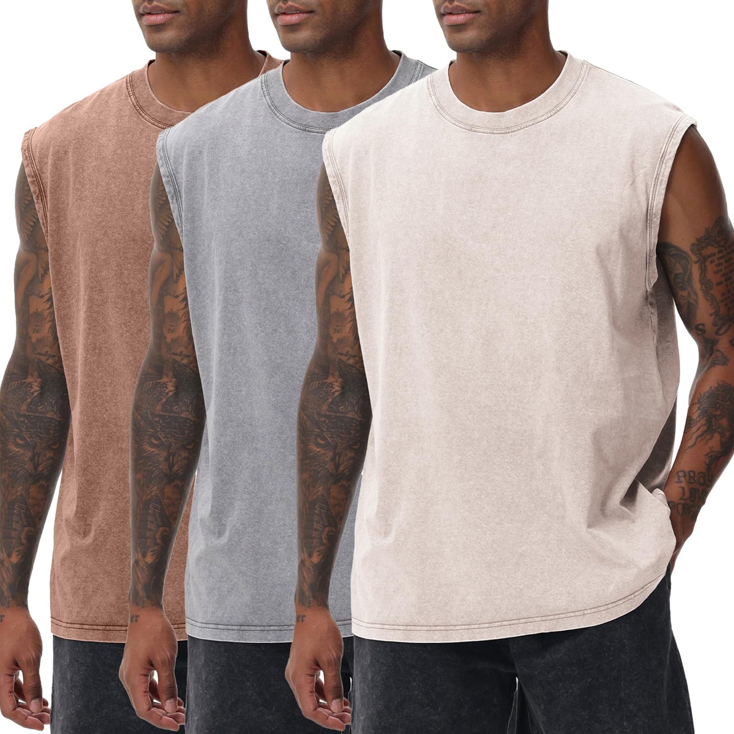 SnowElve 3 Pack Mens Workout Tank Tops Sleeveless Tee Shirts Men Muscle Shirt Gym Acid Wash T Shirts Running Beach Loose Fit Tee(ACGYCF,M)