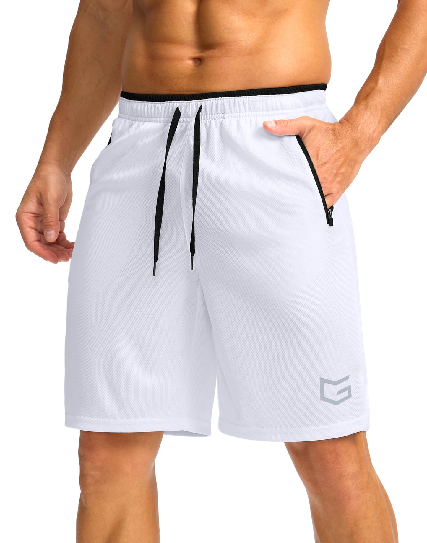 G Gradual Men's Gym Shorts with Zipper Pockets 9" Athletic Basketball Mesh Shorts for Men Workout Quick Dry Lightweight(White,L)