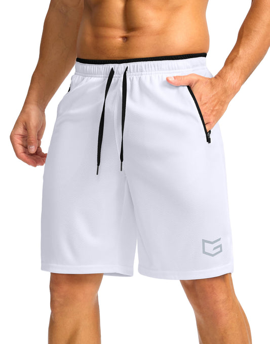 G Gradual Men's Gym Shorts with Zipper Pockets 9" Athletic Basketball Mesh Shorts for Men Workout Quick Dry Lightweight(White,L)