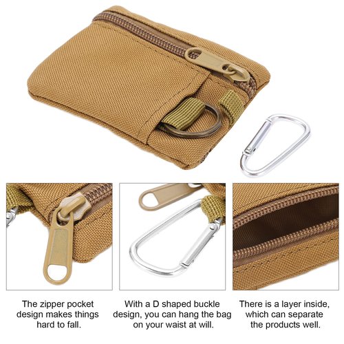 Lwuey EDC Pocket Pouch, Mini Molle Pouch Wallet Tactical Keychain Pouches Multi Function Carabiner Gadget Utility Organizer Key Card Case Zipper Portable Military Outdoor Bag Tactics Waist(Brown)