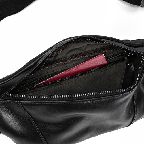 LUUFAN Men's Leather Waist Bag Multiple Pockets Slim Fanny Pack Adjustable Belt bag for Outdoor Running Hiking and Travel (Black)