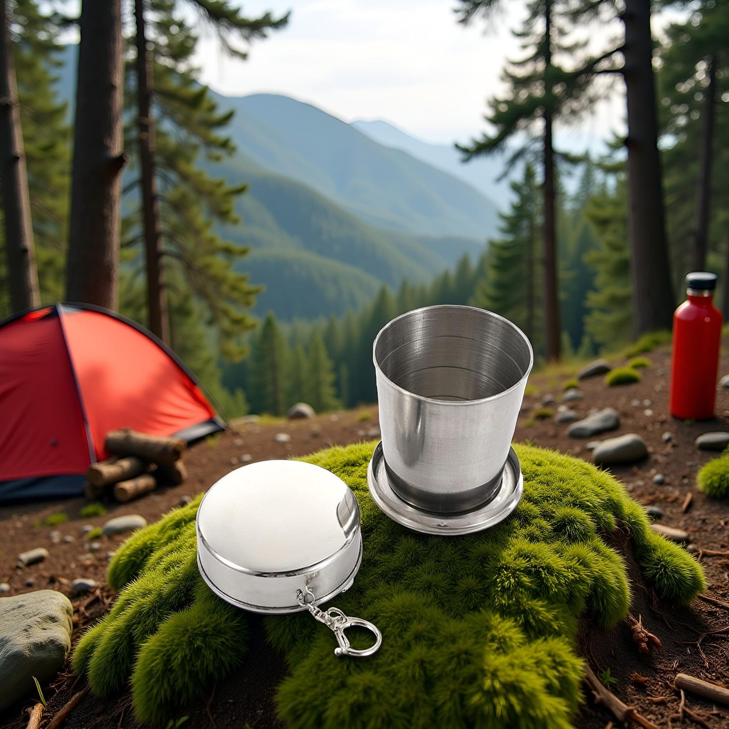 GANPUB 1Pc Silver Stainless Steel Folding Camping Mug Collapsible Portable Cup with Keychain for Outdoor Activities Hiking Picnic(Large), Camp Kitchen