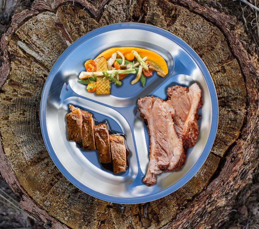 Portable Stainless Steel Plate Set - 4 Round BPA-Free Sectioned Plates with Travel Bag for Camping, Hiking, BBQ & Beach