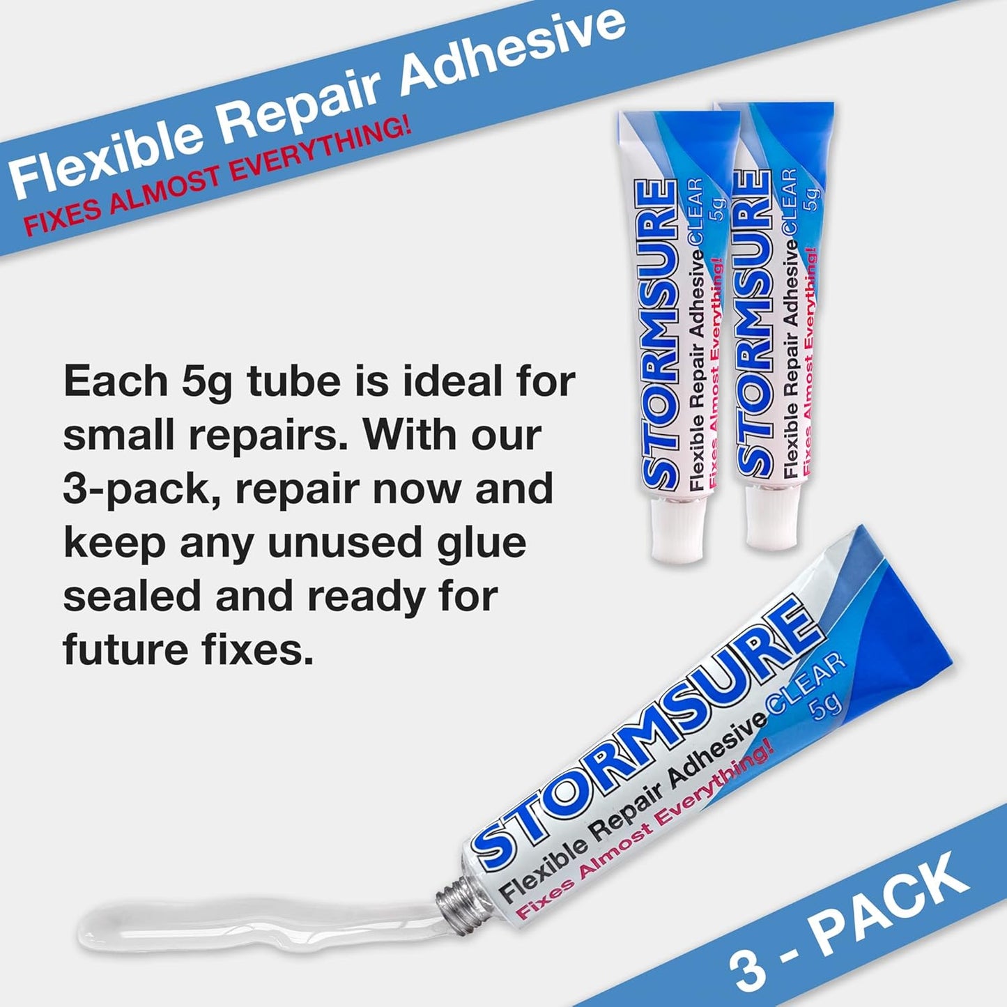 Stormsure Flexible Repair Adhesive: 3 x 5g Clear Glue - Highly Durable, Waterproof Glue for All Repairs