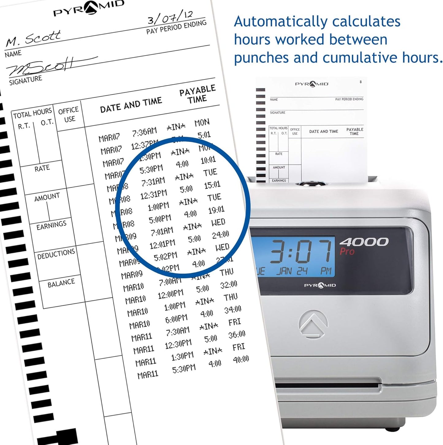 Pyramid Time Systems - Model 4000 Auto Totaling Time Clock, Electronic Time Punch Clock for Small Business, Bundle Includes: 25 Time Cards,Ribbon and 2 Security Keys - Silver ( 7.25"h x 7"w x 6.75"d)