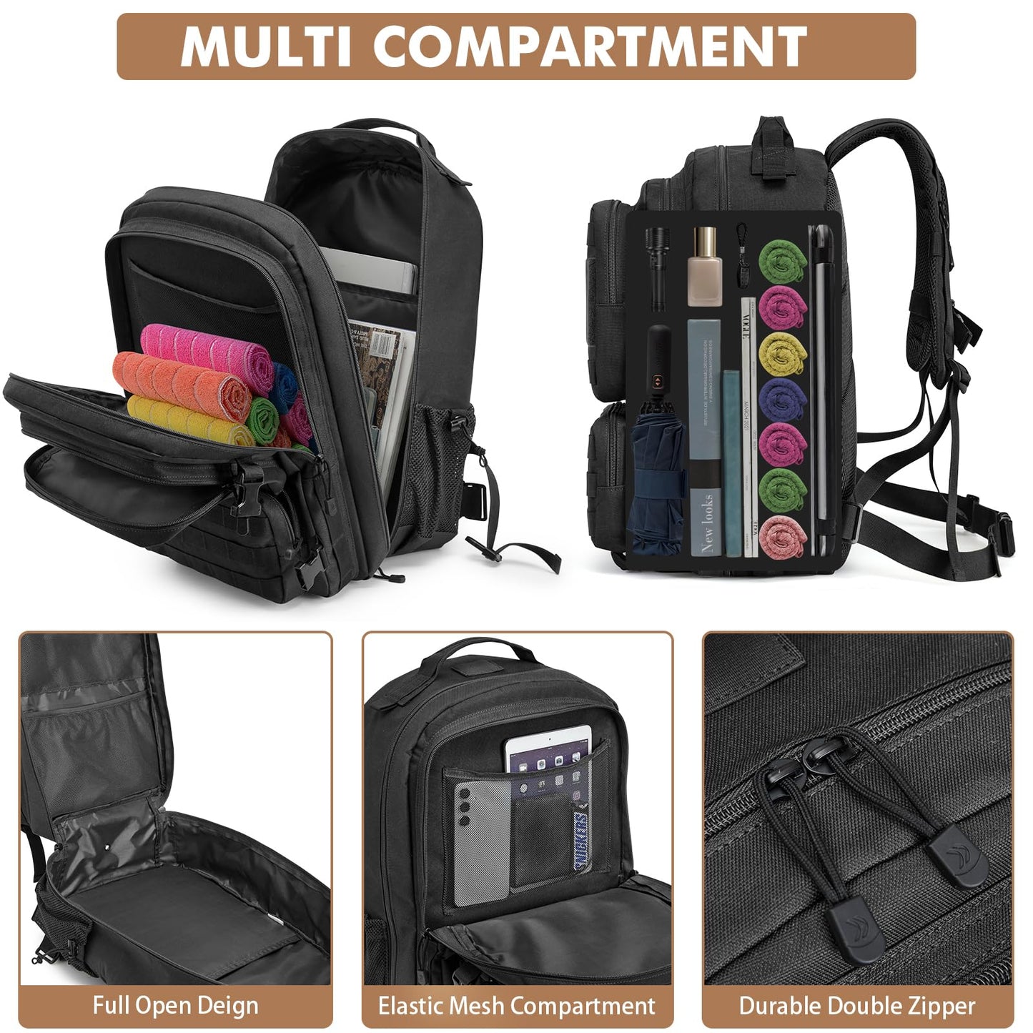 G4Free Large Military Tactical Backpack for Men 3 Day Pack Molle Backpack Army Rucksack for Hiking, Camping, Travel (Black)