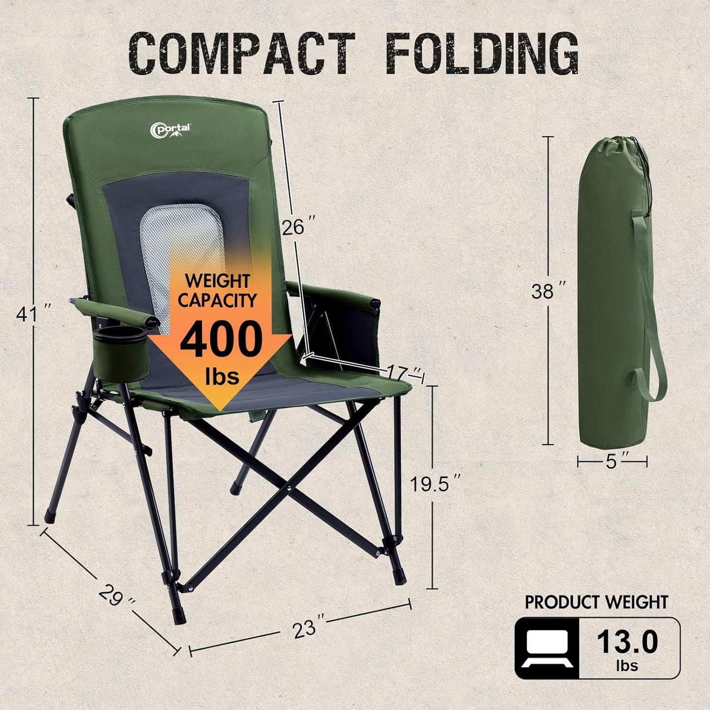 PORTAL Oversized Folding Camping Chair High Back Portable Lawn Chairs for Adults Outdoor Sports with Hard Armrest Cup Holder，Supports 400LBS Black