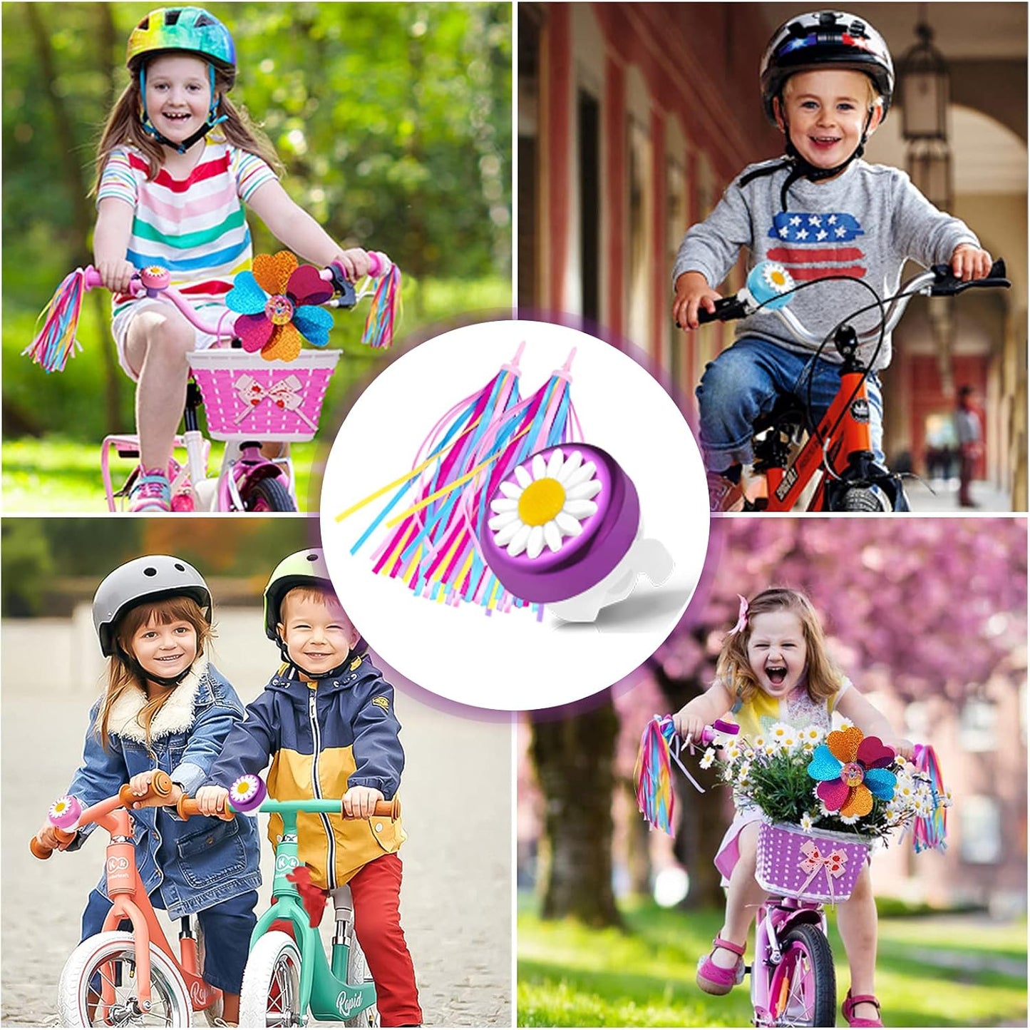 Kids Bike Bell & Streamers Set | 1 Bell & 2 Colorful Streamers | Pink, Red, Blue