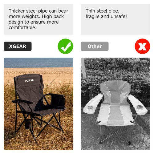 XGEAR 2-Pack Camping Chair with Padded Hard Armrest, Sturdy Folding Camp Chair with Cup Holder, Storage Pockets Carry Bag Included, Support to 400 lbs, Black
