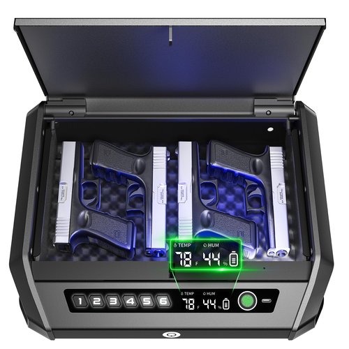 Gun Safe with LCD Display, ≤0.1s Quick Access Handgun Safe for 2-4 Pistols, Hand Gun Lock Box with Fingerprint | Keypad | and Keys for Home Drawer Bedside Nightstand TOPMEDA