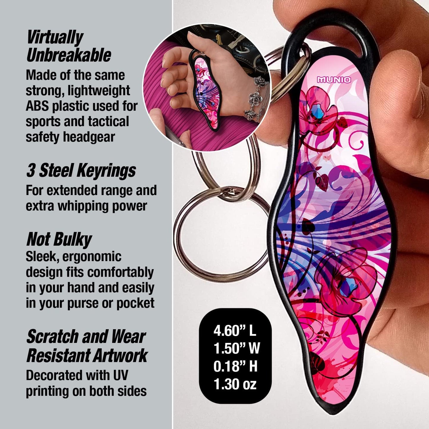 MUNIO Self Defense Keychain – Lightweight, Stylish & Portable Safety Tool for Women & Men – Non-Lethal Kubotan, Easy to Use, TSA Approved – Made in USA – Modern Flowers Design