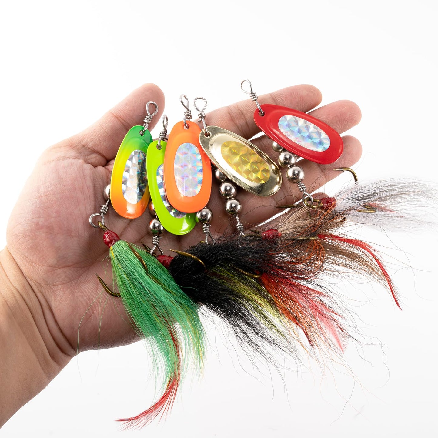 Alownder 5PCS Musky Lures Bucktail Spinnerbait Muskie Fishing Lures, French Blade Stainless Steel Shaft Beads Triple Hook Inline Spinner Bait Kit for Pike Bass Trout Kokanee Salmon Fishing