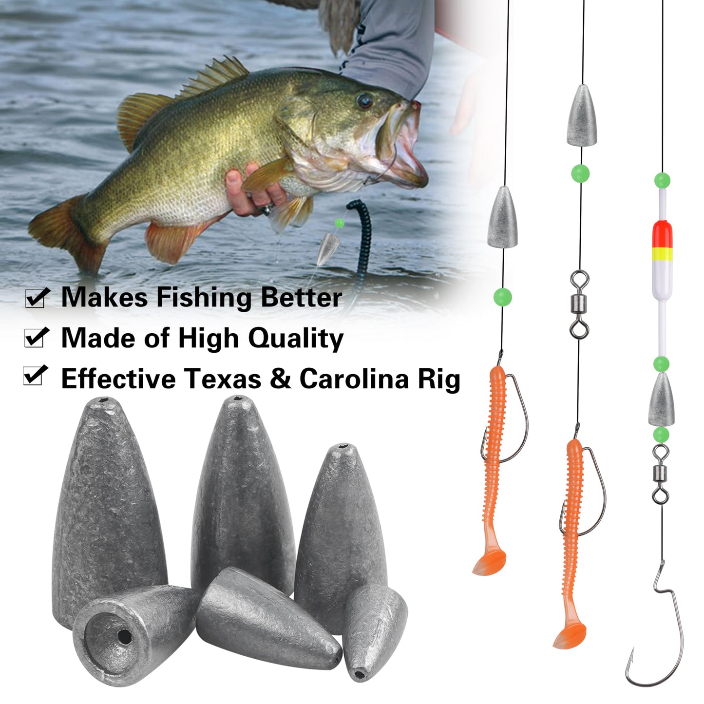 JOGFFDE 50pcs Bullet Fishing Weights Sinker Kit Worm Weights Slip Fishing Sinkers Sliding Weights for Bass Fishing Texas Rigs Freshwater Saltwater Fishing Tackle, Assorted, Unpainted