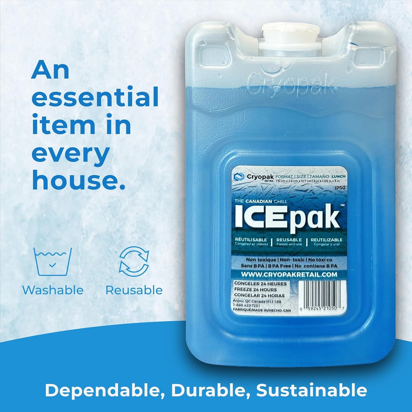 Cryopak ICEpak Large Hard Shell Reusable Ice Packs for Coolers and Lunch Box Use, Freezer Safe Gel Design, Professional Grade Cooling, Non-Toxic and BPA Free, Essential Travel Accessories, Large