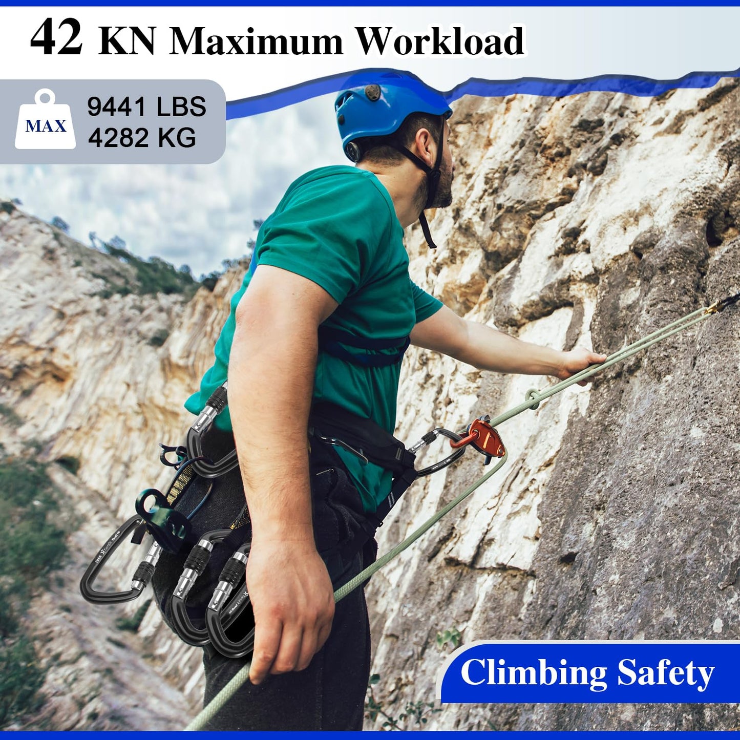 Favofit Locking Climbing Carabiner Heavy Duty UIAA Certified 42kn (9441 lbs) and 25kn (5620 lbs) Safety Caribeaner Clips - Large Rock Mountain Caribiniers for Rescue Firefighter