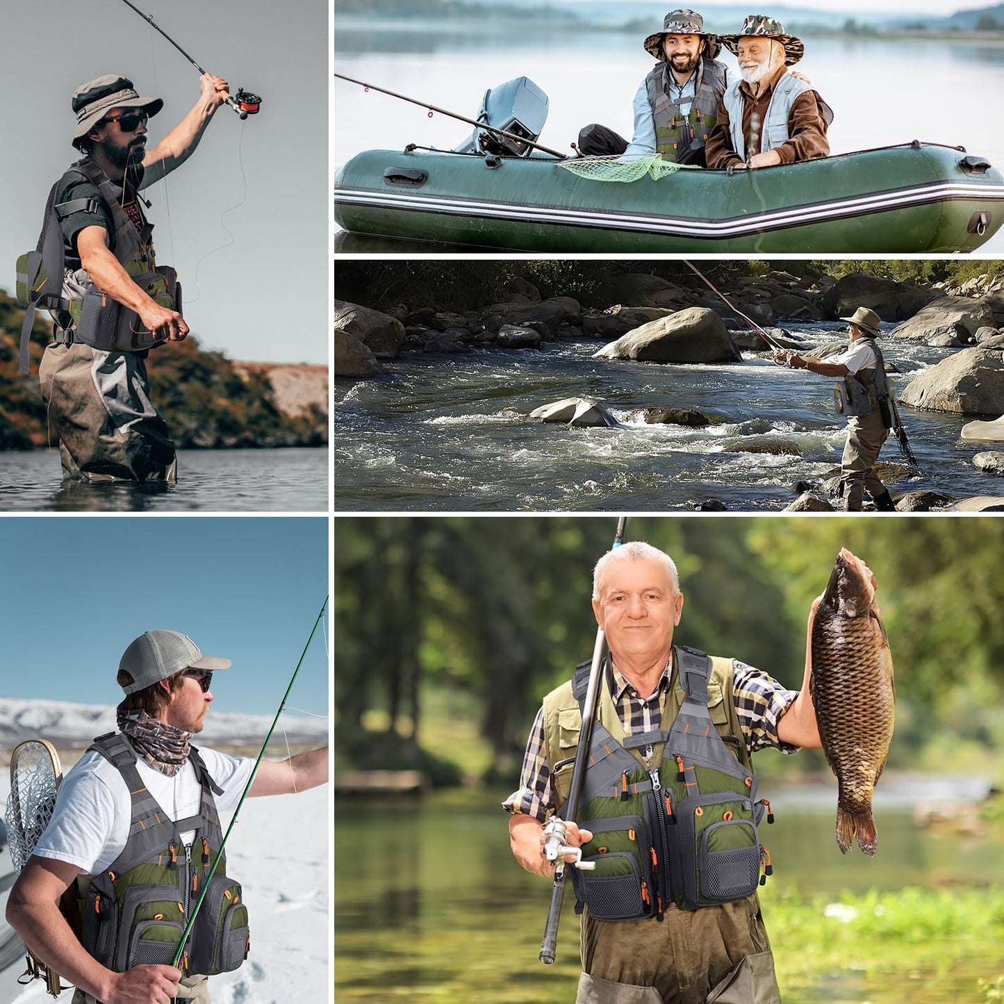 Gonex Fly Fishing Vest for Men Women, Comfortable Adjustable Fishing Vest with Multi-Pockets Reflective Stripes, Green+Gray