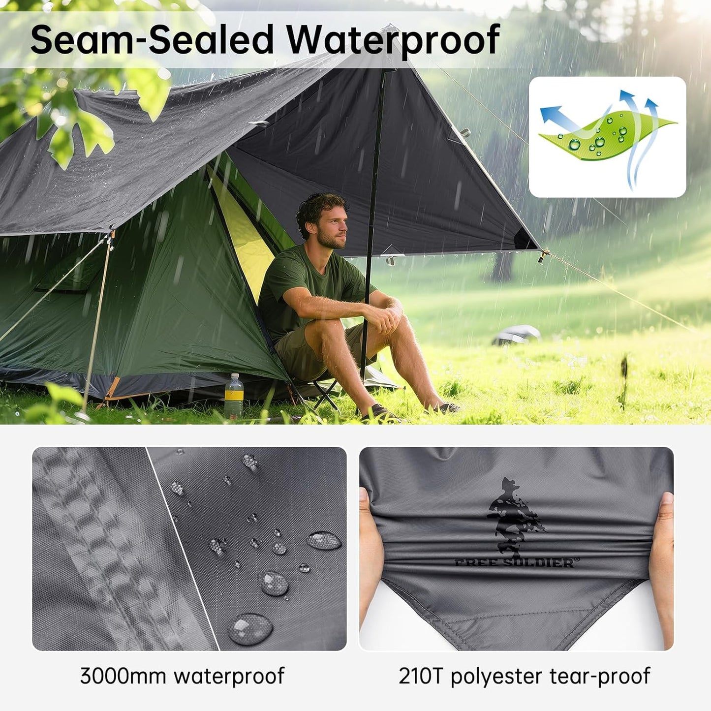 FREE SOLDIER Waterproof Portable Tarp Multifunctional Outdoor Camping Traveling Awning Backpacking Tarp Shelter Rain (Brown 10×10.5ft)