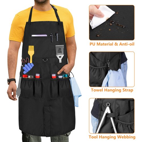 HODRANT Hanging Camp Utensil Organizer & Large BBQ Grilling Apron, Portable Camping Kitchen Cookware Bag with Towel Paper Holder & Cooking Apron for Men with Pockets & Slit Hem