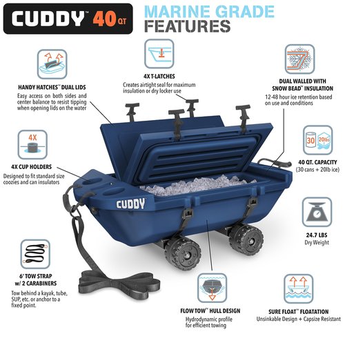 Cuddy Crawler Cooler with Wheels – 40 QT Amphibious Floating Cooler and Dry Storage Vessel - Orange, Navy, Tan, or White