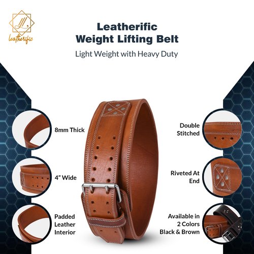 Leatherific | Genuine Leather Weight Lifting Belt | 8 mm Thick, 4" Wide | Heavy duty, Padded, Steel Buckle | For Bodybuilding, Cross Training, Weight Training, Lumbar Support (M(Fits 30"-35"), Pecan
