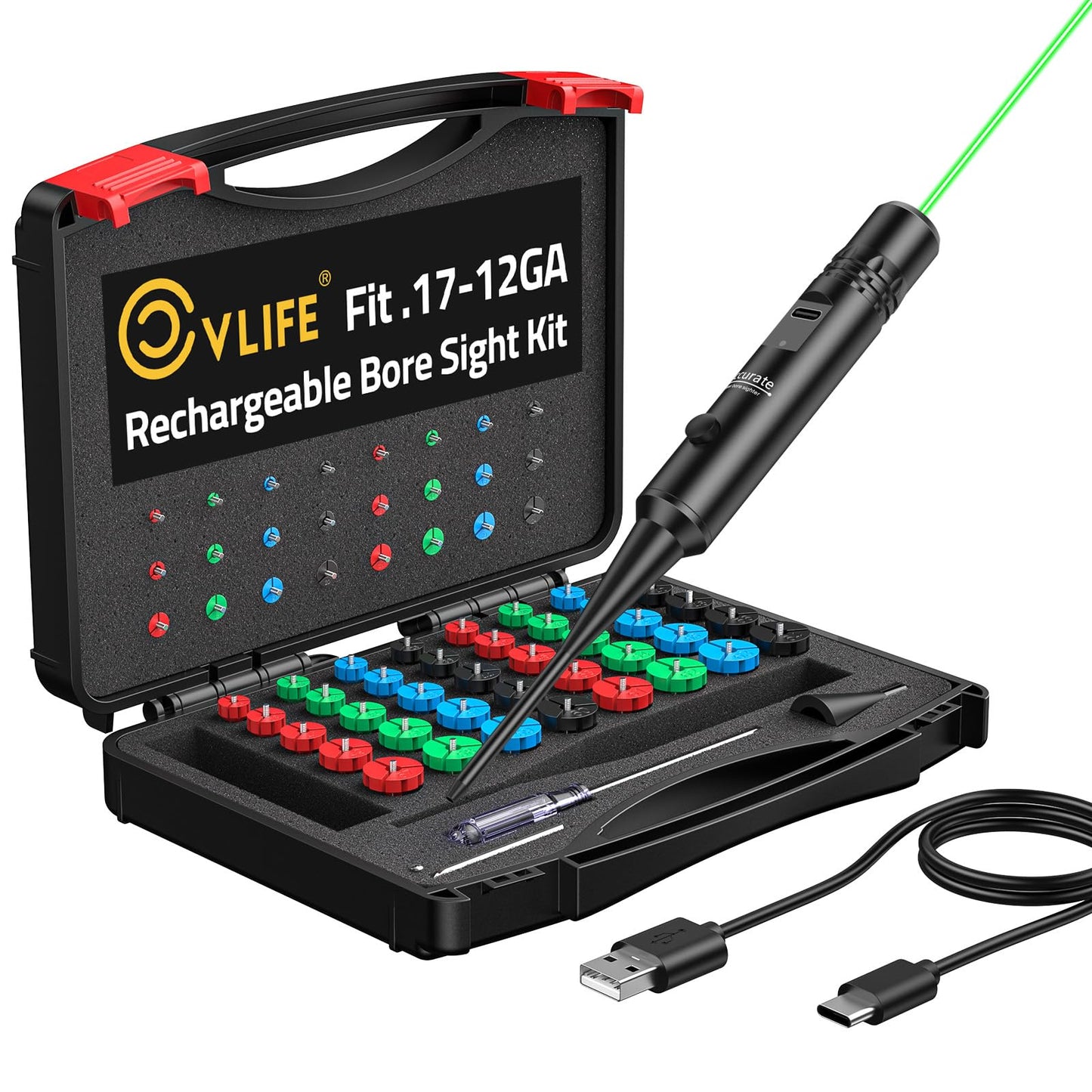 CVLIFE Rechargeable Bore Sight Laser Kit with 64 Adapters fit 0.17 to 12GA Calibers, Professional Green Laser Bore Sight with Button Switch, Powerful Choice for Hunting Bore Sight Tool