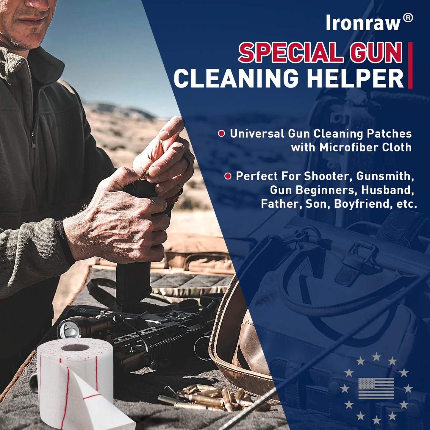 Ironraw Gun Cleaning Patches Microfiber Cloth, Strong Pure Cotton Cloth 4200Pcs Absorbent Patches, Cut to Size, Clean Rifle Handgun Shotgun Black Powder Pistol Revolver Shooting Hunting 49ft Long Roll