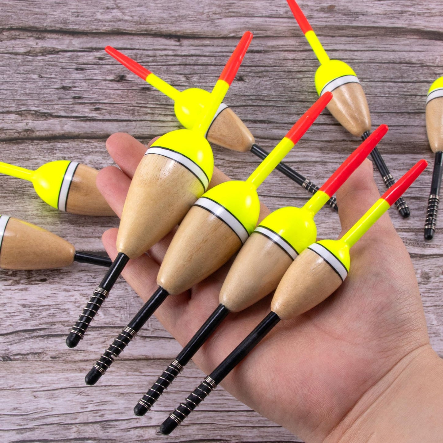 Alwonder 4-Pack Fishing Bobbers Floats, Buoyant Balsa Wood Body Spring Fishing Floats and Bobbers, Oval Bobber for Crappie Bluegills Trout Bass Panfish Catfish Walleyes 2.2“