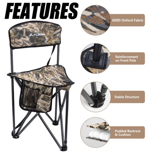 FLISSA Hunting Chair, Folding Tripod Stool, Portable Fishing Chair with Backrest, Outdoor Folding Camping Chair
