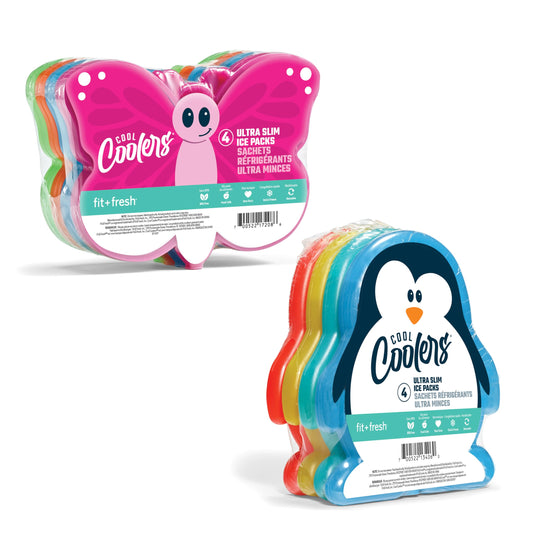 Fit & Fresh Cool Coolers Kids Lunch Box Ice Packs, Slim Ice Packs for Lunch Bags, Multicolored Penguin and Butterfly Set, 8PK