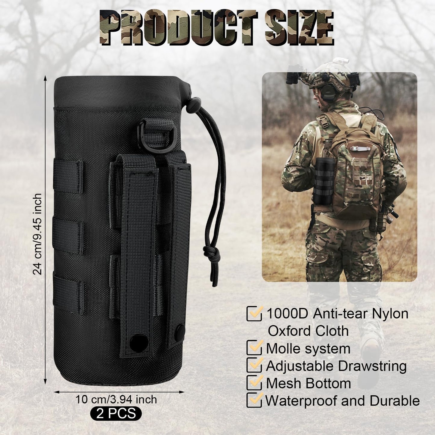 PEUTIER 2pcs Molle Water Bottle Holder, 1000D Nylon Sports Molle Bottle Pouch Carrier Bag with Drawstring Top Mesh Bottom Practical Molle Cup Holder for Outdoor Camping (Black)