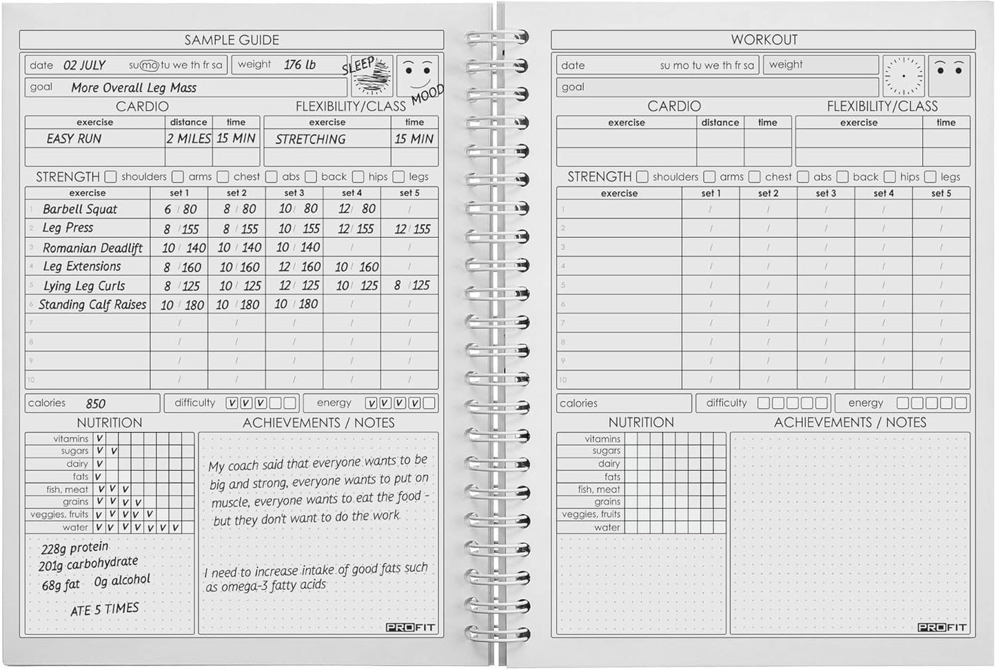 ProFit Fitness and Food Journal - Weight Loss Planner | Workout Log | Diet Notebook | Gym Exercise Diary - Easy-To-Use A5 Fit Book / 6x8 Inches / 140 Pages / Undated