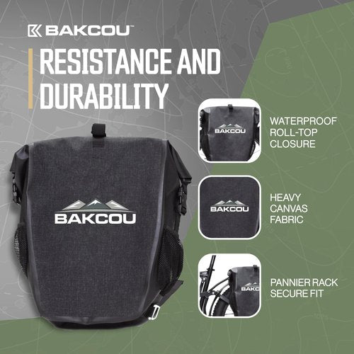 Bakcou - Pannier Bags - Set of 2 Waterproof, Lightweight, Sturdy, Anti-Puncture Canvas, Quick Release Clamps, Reflective Logo - 20L Capacity