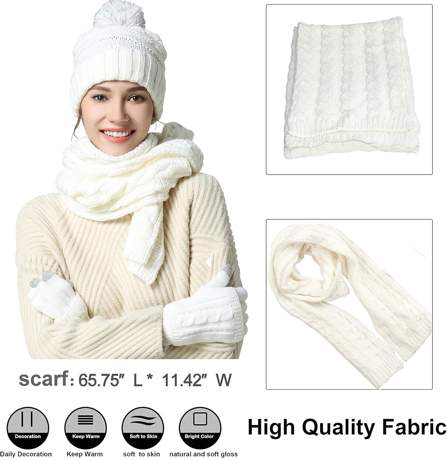 Winter Hat Gloves Scarf Set for Women, Cable Knit Beanie Pom Cap Touch Screen Glove Long Scarf 3PCS Winter Gift for Women Men