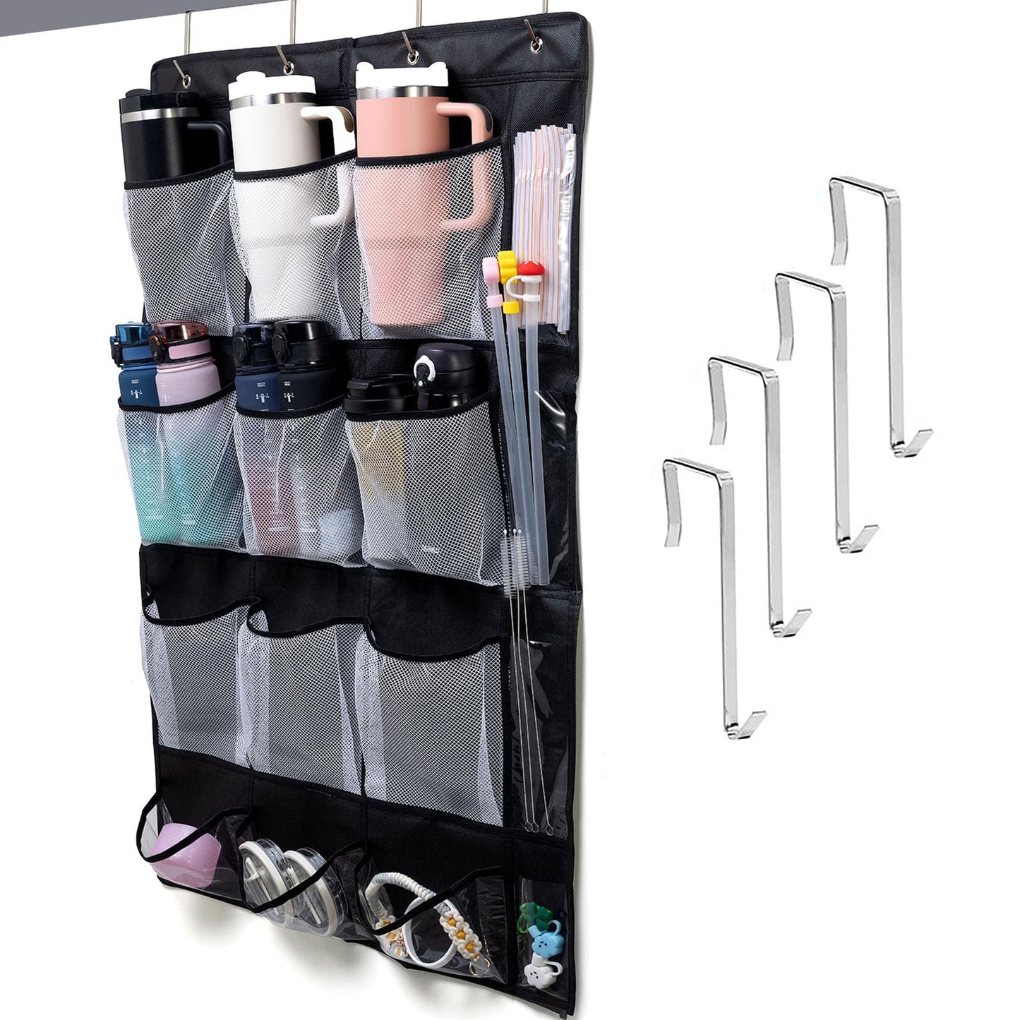 JUQINME Water Bottle Organizer for Stanley Cup, 9 Large Capacity Pockets Water Bottle Holder for Stanley 40oz Tumbler Hanging Bag Over the Door for Stanley Cup Accessories Lids Kitchen Cabinet Pantry