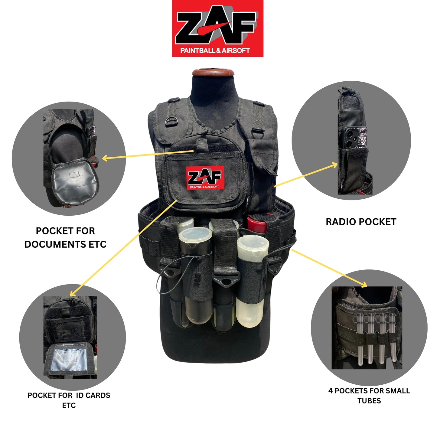 Generic 11 pod paintball vest with free size half finger gloves and barrel pouche, unisex