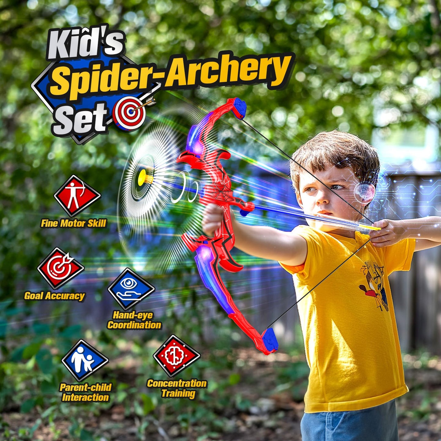 Aetyni Spider Bow and Arrow for Kids, 2 Pack Archery Target Outdoor Toys Age 5-7 8-13 Boys Toys Light Up Shooting Games for 4 5 6 7 8-12 Year old Boy Birthday Gifts Bow Arrow Indoor Cool Stuff for Kid