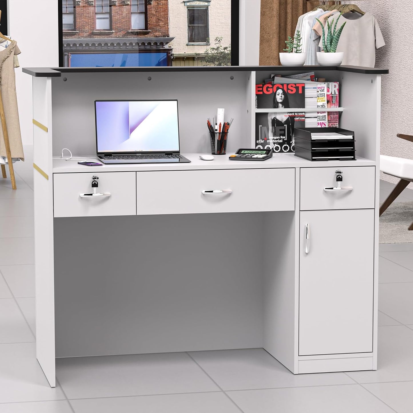 AHB Reception Desk with Counter, Modern Front Table Equipped Lockers & Storage Shelves, 50-inch Checkout Counter with LED Lights & DIY Stripe for Lobbies, Salons, Retail, Home Offices, Reception Room