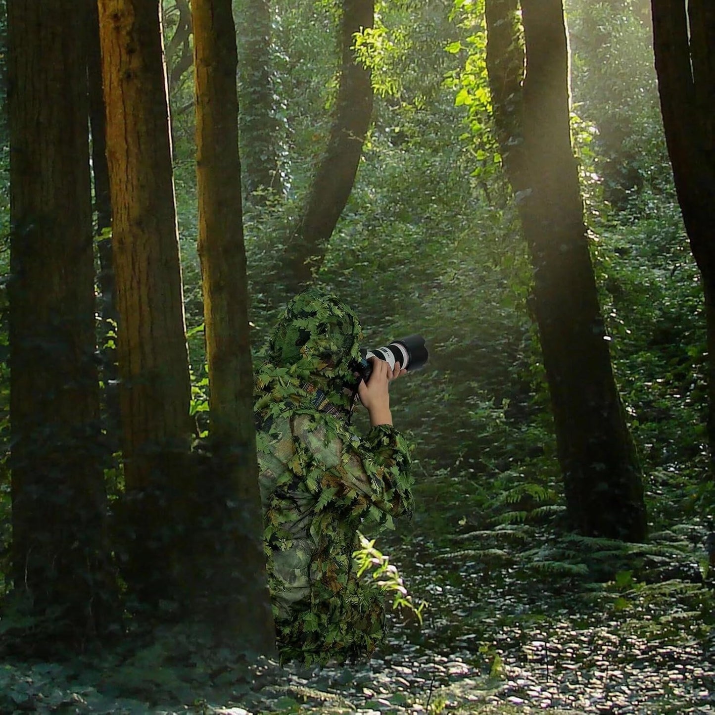 HYOUT Hooded Ghillie Suit Camo Suit Woodland Forest Military 3D Green Leafy Clothing Costume for Jungle Halloween Party