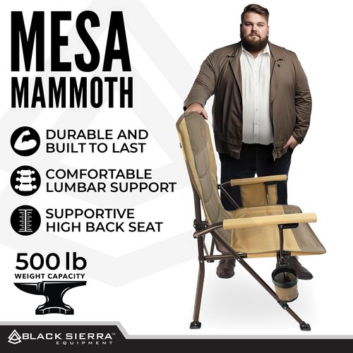 Black Sierra Oversize Camping Chair for Adults Supports 500 lbs, XL Heavy Duty Hard Arm Folding Chair, Steel Frame Durable Padded Outdoor Seat, Portable Fold Up Chair w/Cup Holder and Storage Bag