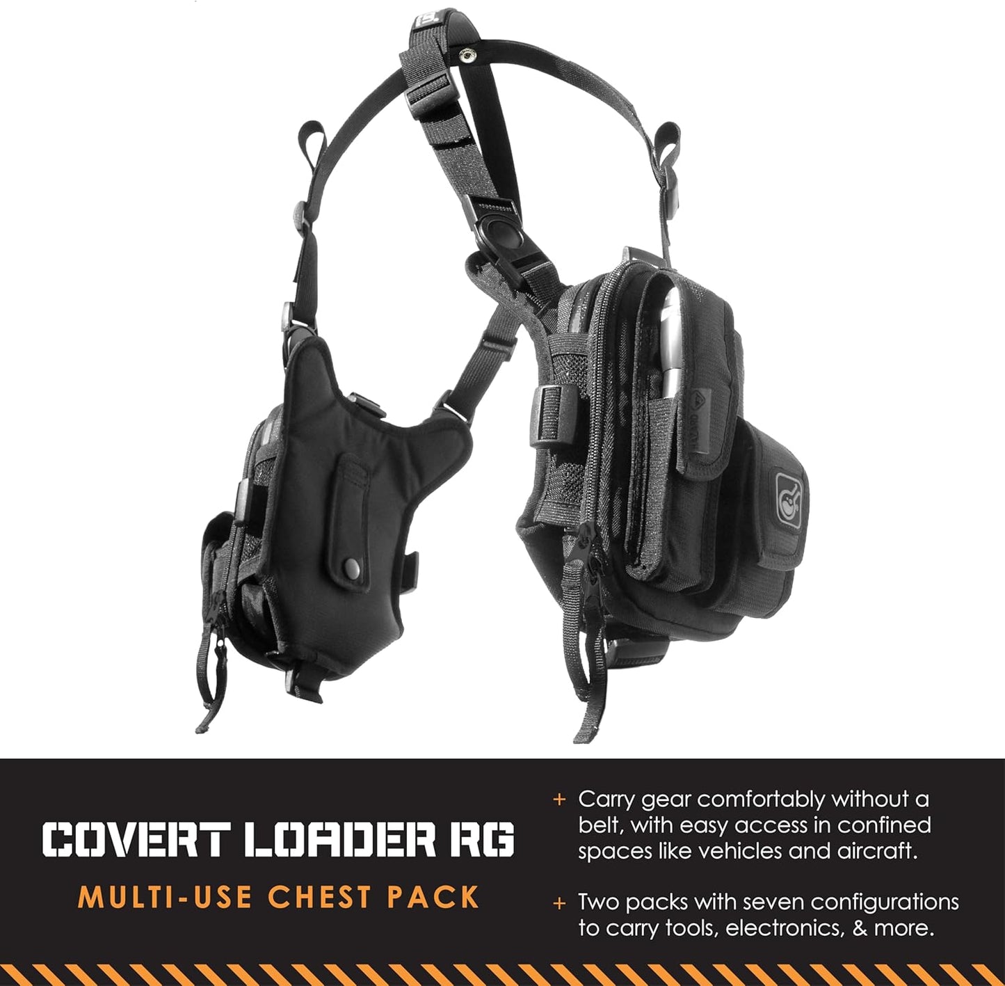 Hazard 4 Covert RG Multi-Configuration Small Pack System - Escape Chest Pack, Loader Chest Pack, Covert Anatomic RG Padded Deluxe Shoulder Harness - Tool Kit, Camera, Cycling, Flashlight - Black