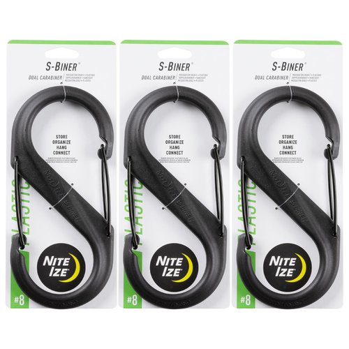 Nite Ize S-Biner Plastic Dual Carabiner - Daily Use Double-Sided S-Biner - Dual Clip Carabiner Accessory for Holding & Organizing - Accessory for Camping & More - Black, Size 8 (3 Pack)