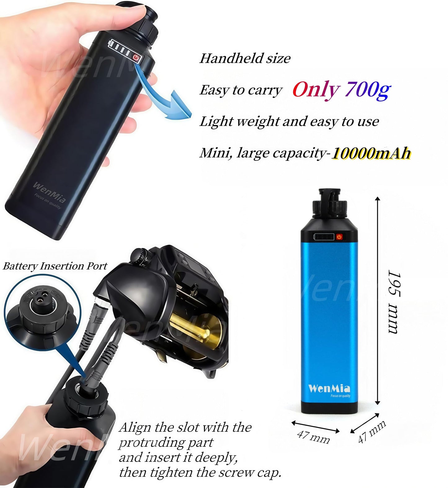 WenMia 14.8V Super Mini Electric Fishing Reel Battery IP68 Waterproof Aerospace Aluminum Body Compatible for Daiwa and Portable Design (Includes Quick Charger + 0.4m/1.5m Cable) (10000mAh)