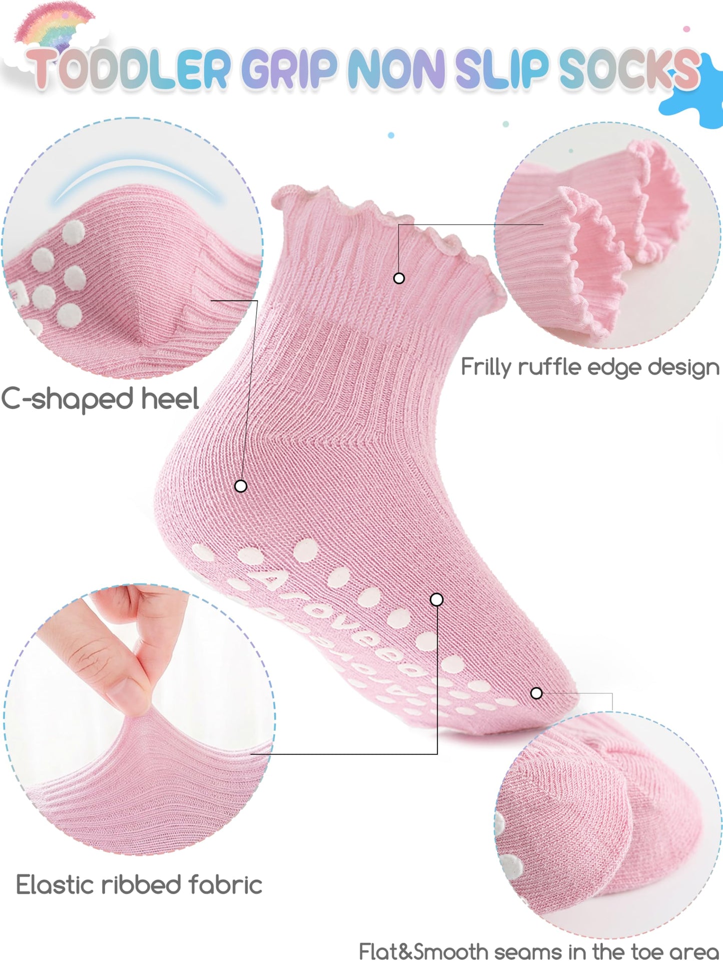 Aroveea Baby Toddler Girls Socks Grip Ruffle Non Slip Girls Cotton 12 Pack Socks for 6-12Months Kids Cute Ankle 6M-7Years