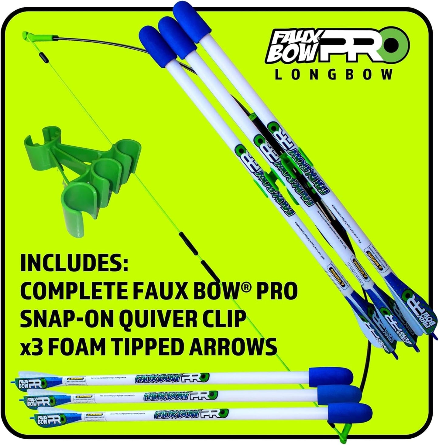 Original FAUX BOW Pro Longbow– Patented Bow and Arrow Impact Archery Set - Shoots Over 200 Feet – Best Outdoor Toy - Youth Safe Archery Anywhere - Fun Backyard Target Practice