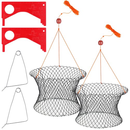 Windyun 2 Sets Crab Trap Bait Wire Grid Bottom Crab Nets Foldable Fishing Net Hand Casting Cage with Harness and Bait Clip(24 x 20 x 12 Inch,Black)