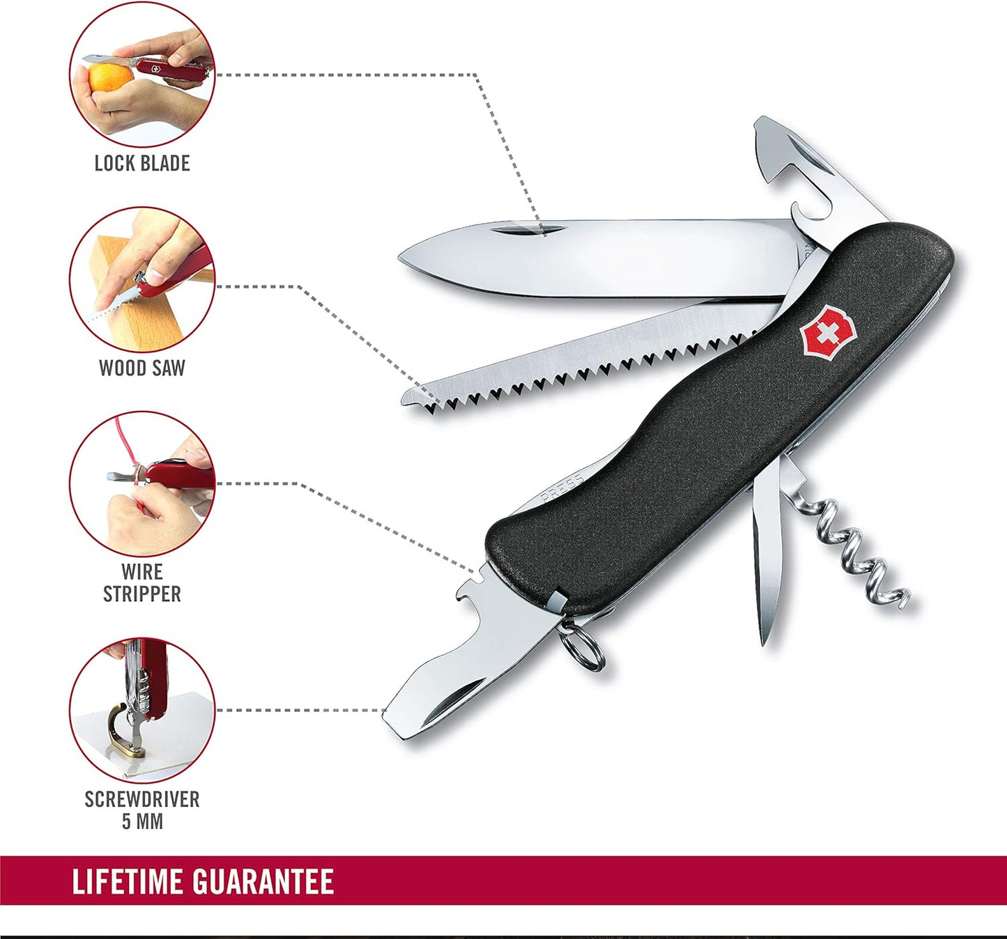 Victorinox Forester Swiss Army Knife, 12 Function Swiss Made Pocket Knife with Large Blade, Wood Saw and Reamer/Punch - Black